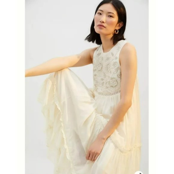 Anthropologie Pinnacle Cream Embroidered Maxi Boho Dress Sz L - Picture 3 of 15